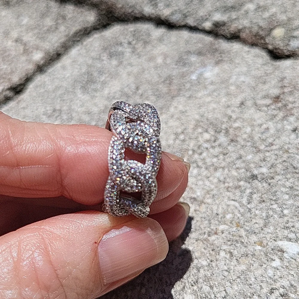925 Sterling Cuban Chain Link Ring With Simulated Diamonds